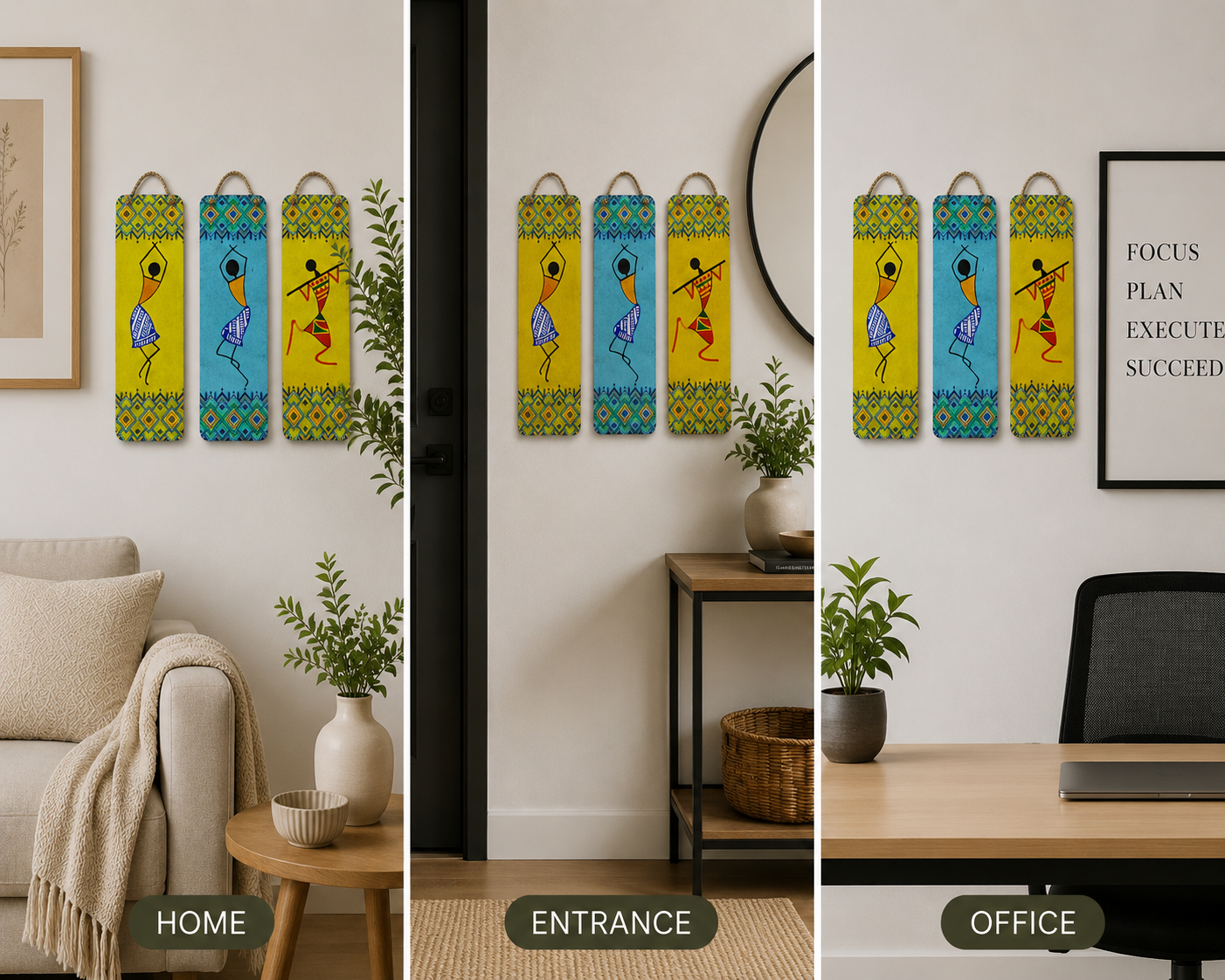 Anayat Rajasthani Folk Art Wooden Wall Hanging Decor (Set of 3) - Image 2