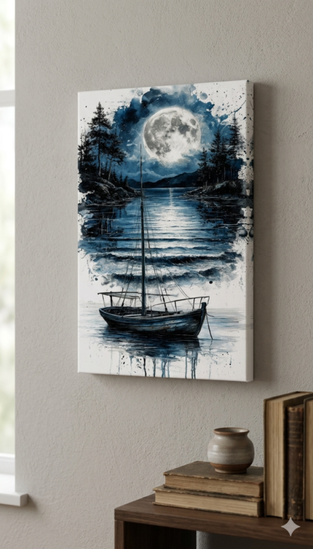 Anayat Moonlit Lake Serenity Canvas Wall Painting