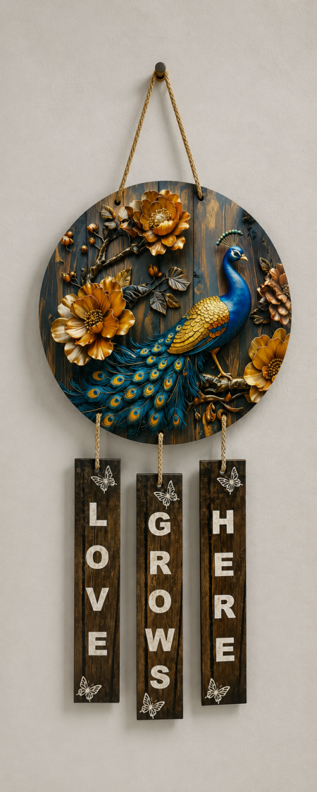 Anayat Peacock Love Grow Here Wooden Wall Hanging Decor