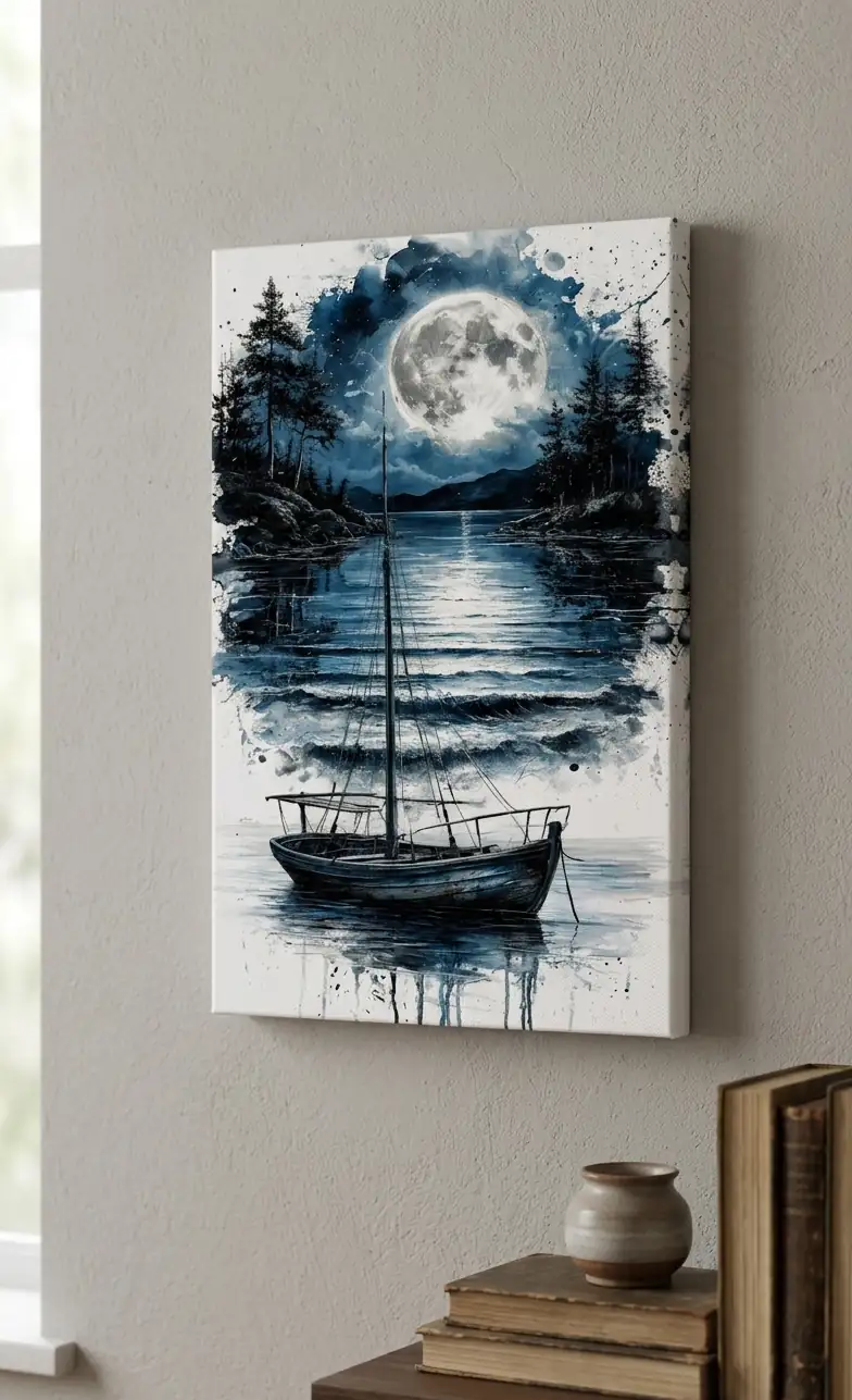 Anayat Moonlit Lake Serenity Canvas Wall Painting