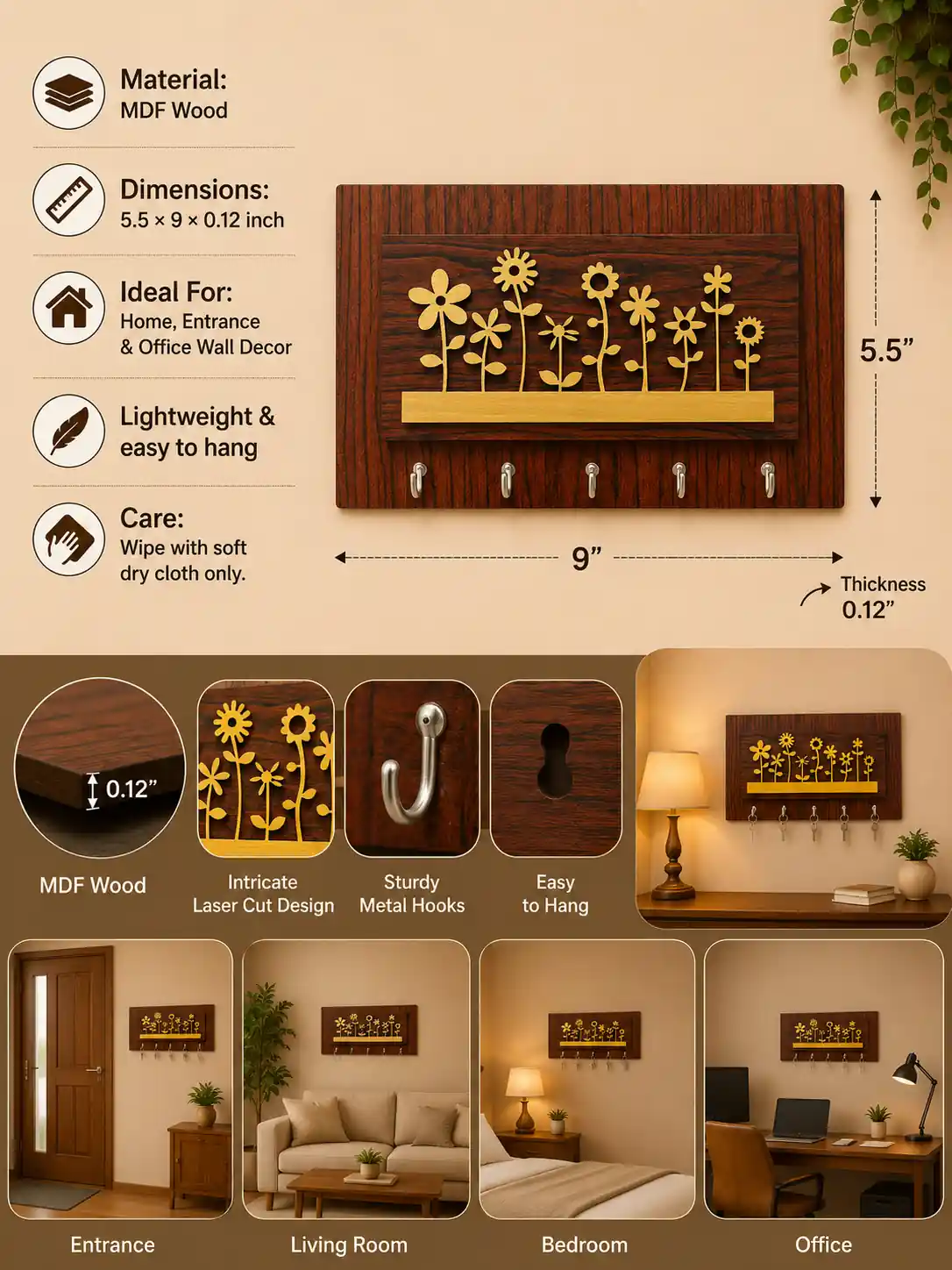 Anayat Floral Wooden Key Holder Wall Decor - Image 2