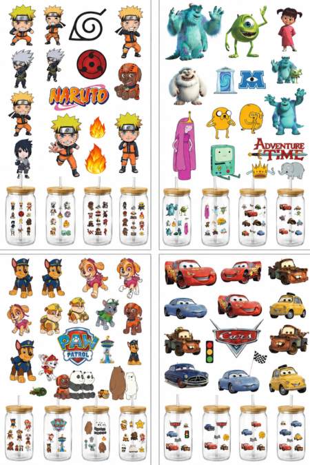 Anayat DIY Transfer Stickers for Glass Jars – 8 Sheets Cartoon Adventure Decorative Rub-On Decals