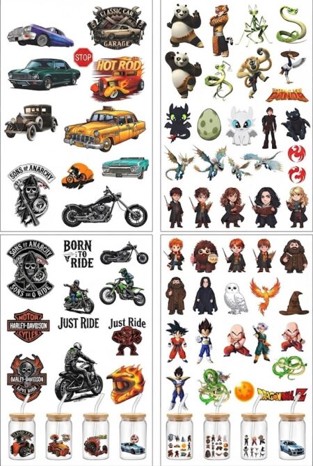 Anayat DIY Transfer Stickers for Glass Jars – 8 Sheets Vintage, Cartoon & Adventure Decorative Rub-On Decals