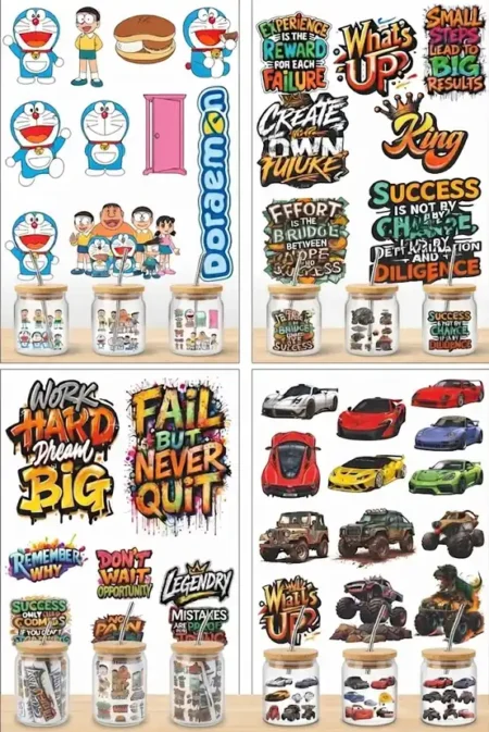 Anayat DIY Transfer Stickers for Glass Jars – 8 Sheets Cartoon & Motivational Decorative Rub-On Decals