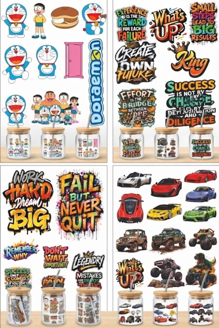 Anayat DIY Transfer Stickers for Glass Jars – 8 Sheets Cartoon & Motivational Decorative Rub-On Decals