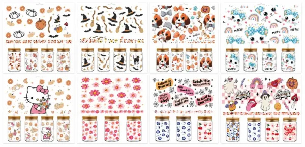 Anayat DIY Transfer Stickers for Glass Jars – 8 Sheets Cute, Floral & Halloween Decorative Rub-On Decals