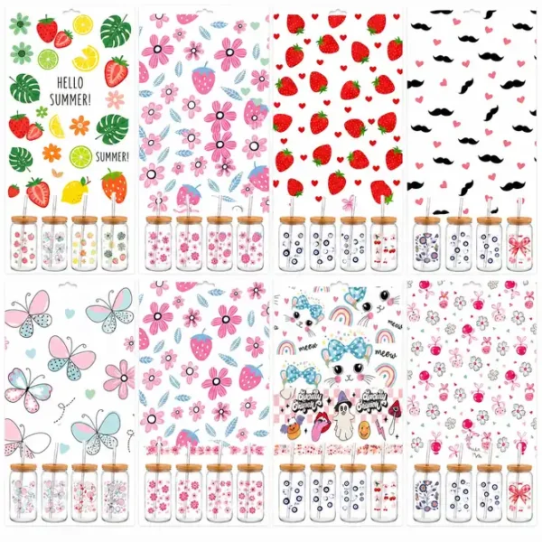Anayat DIY Transfer Stickers for Glass Jars – 8 Sheets Floral, Fruit & Cute Decorative Rub-On Decals