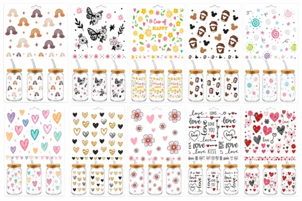 Anayat DIY Transfer Stickers for Glass Jars – 8 Sheets Rainbow, Butterfly & Floral Theme Decorative Rub-On Decals