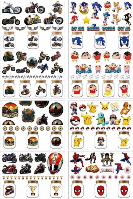 Anayat DIY Transfer Stickers for Glass Jars – 8 Sheets Cartoon & Bike Decorative Rub-On Decals