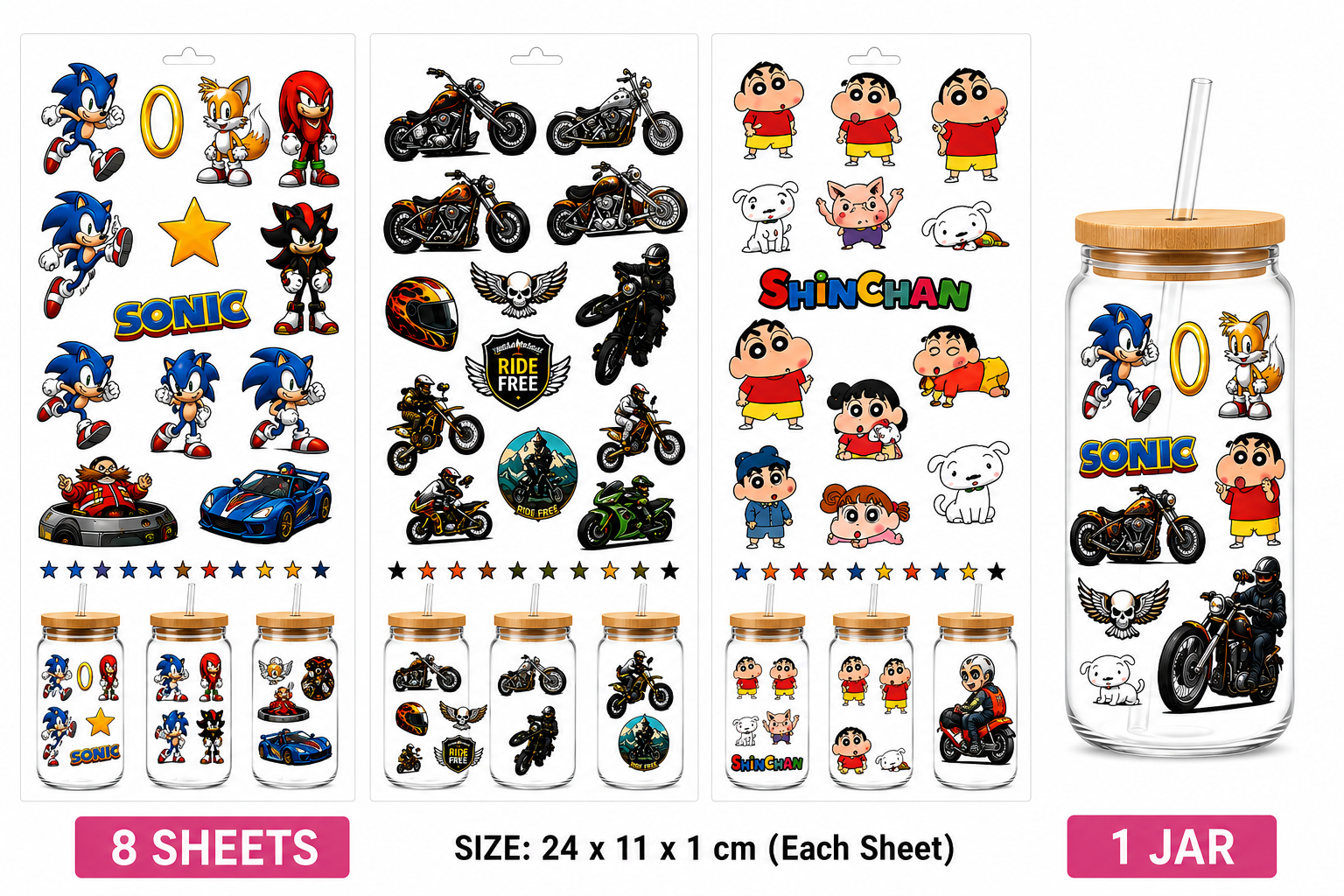 Anayat DIY Transfer Stickers for Glass Jars – 8 Sheets Cartoon & Bike Decorative Rub-On Decals - Image 2