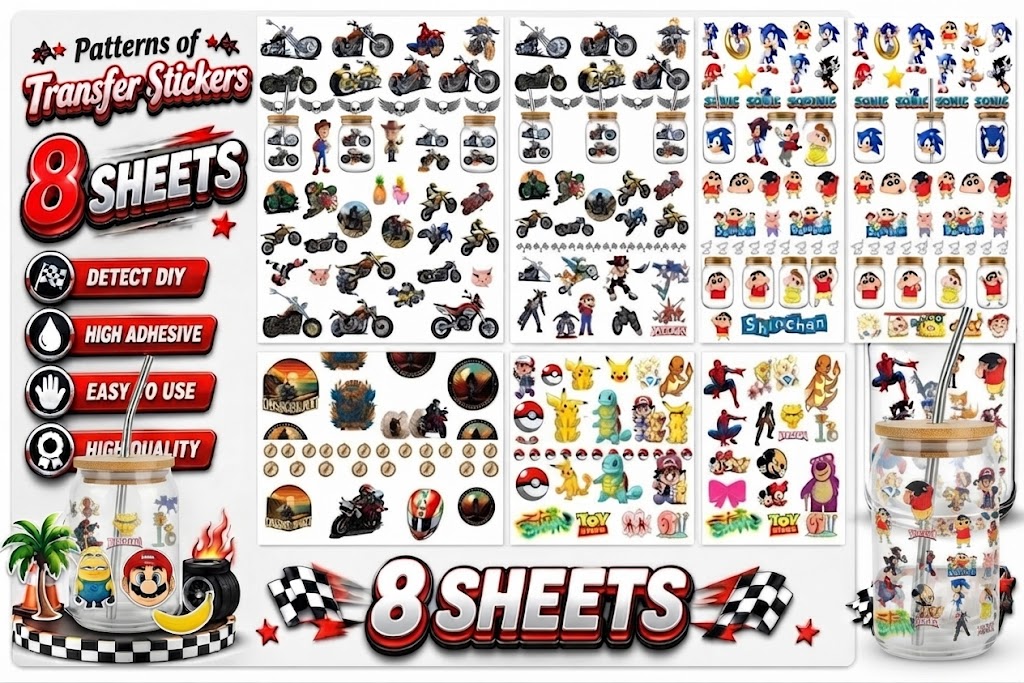 Anayat DIY Transfer Stickers for Glass Jars – 8 Sheets Cartoon & Bike Decorative Rub-On Decals - Image 3