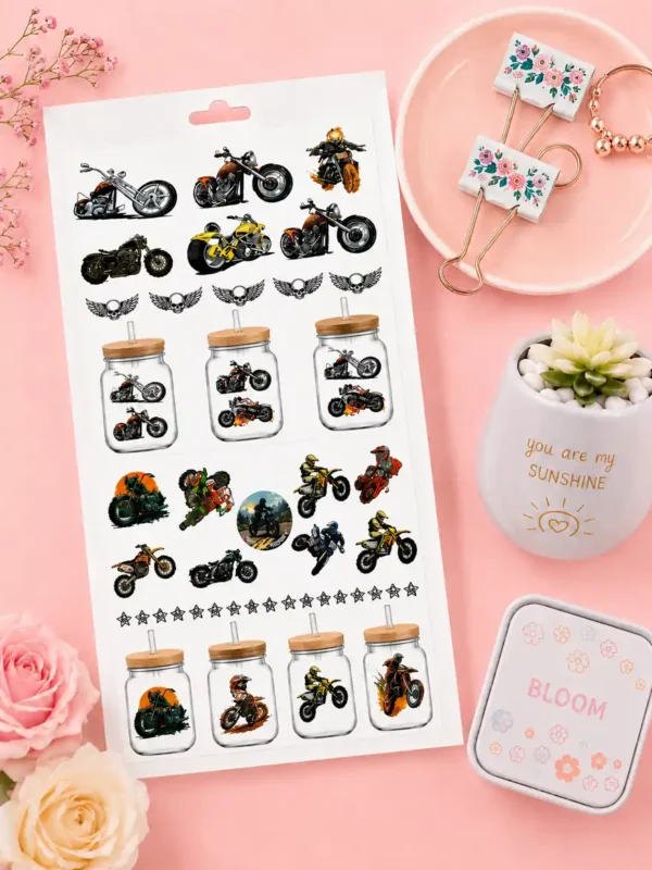 Anayat DIY Transfer Stickers for Glass Jars – 8 Sheets Cartoon & Bike Decorative Rub-On Decals