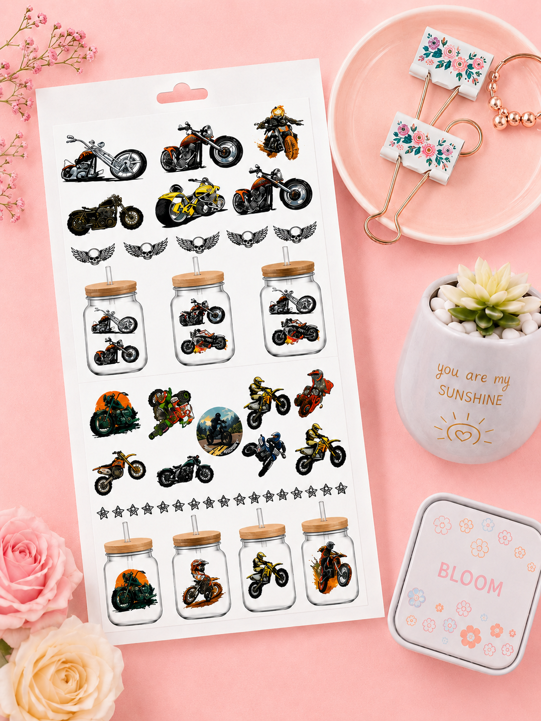 Anayat DIY Transfer Stickers for Glass Jars – 8 Sheets Cartoon & Bike Decorative Rub-On Decals - Image 5