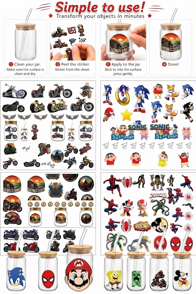 Anayat DIY Transfer Stickers for Glass Jars – 8 Sheets Cartoon & Bike Decorative Rub-On Decals - Image 6