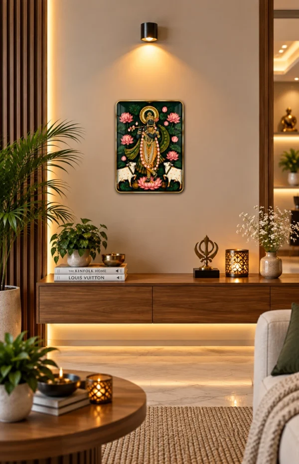 Anayat Wood Glass Finish Wall Art – Lord Krishna Lotus and Cows Portrait