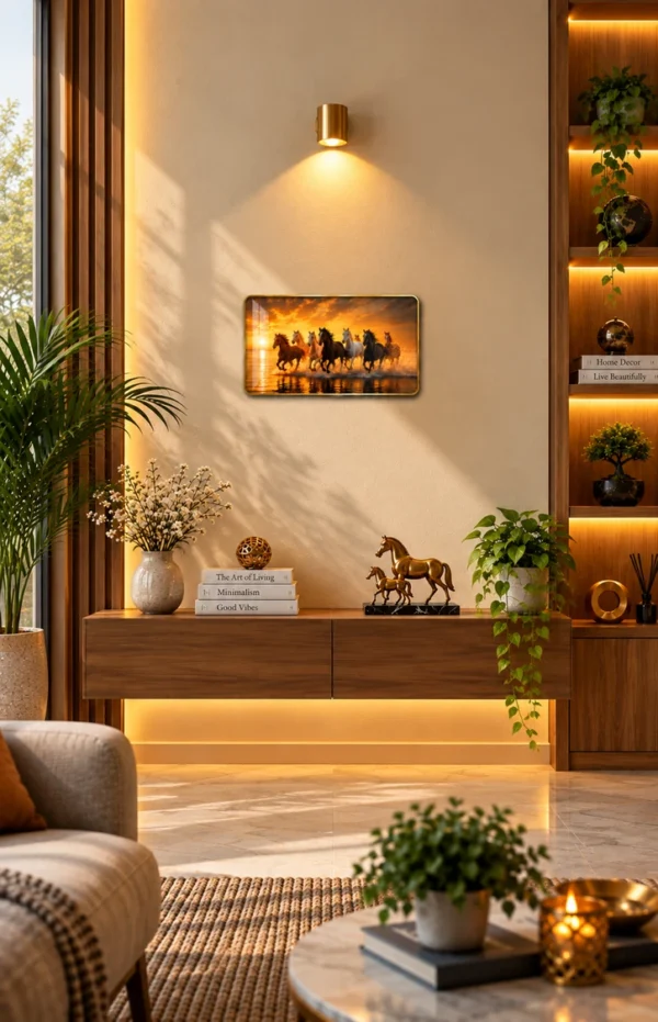 Anayat Wood Glass Finish Wall Art – Running Horses Water Sunset