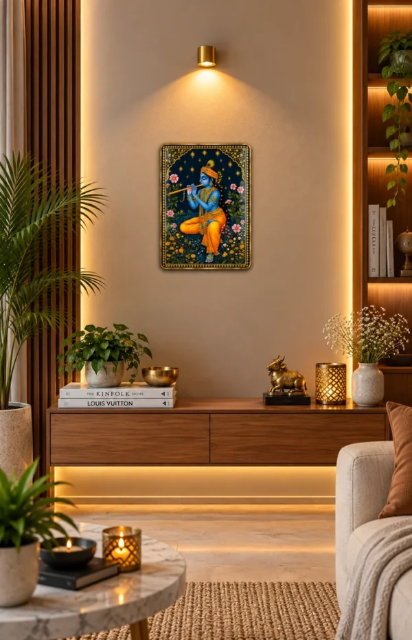 Anayat Wood Glass Finish Wall Art – Lord Krishna Flute Floral Garden
