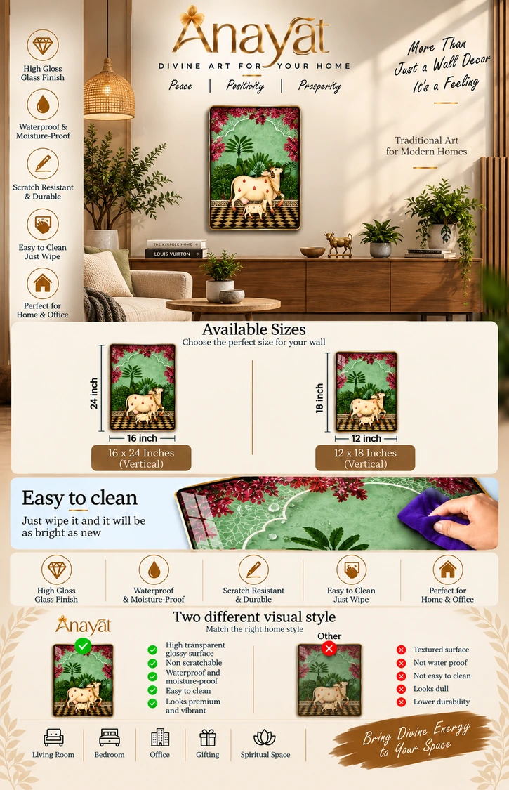 Anayat Wood Glass Finish Wall Art – Kamadhenu Sacred Cow and Calf - Image 2