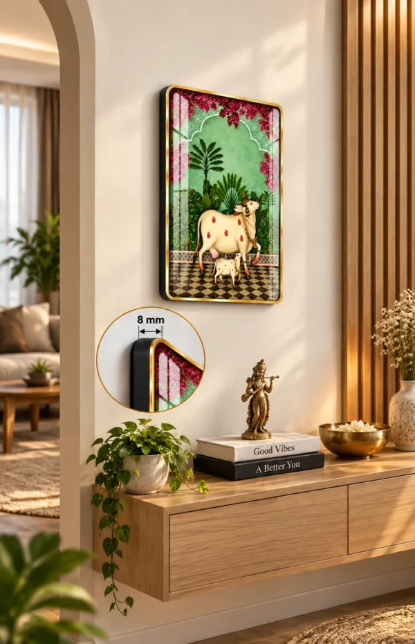 Anayat Wood Glass Finish Wall Art – Kamadhenu Sacred Cow and Calf