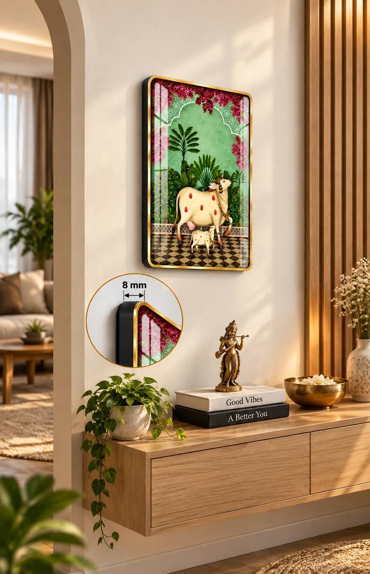 Anayat Wood Glass Finish Wall Art – Kamadhenu Sacred Cow and Calf