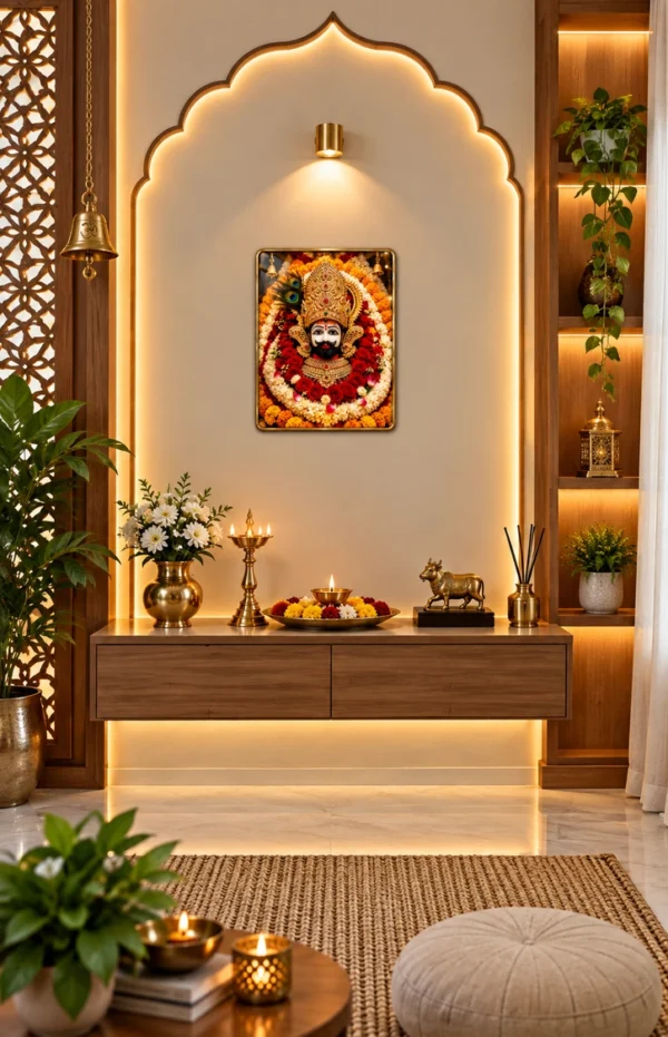 Anayat Wood Glass Finish Wall Art – Temple Deity Flowers and Lamps