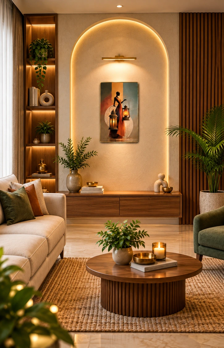 Anayat Wood Glass Finish Wall Art – Woman with Glowing Lanterns