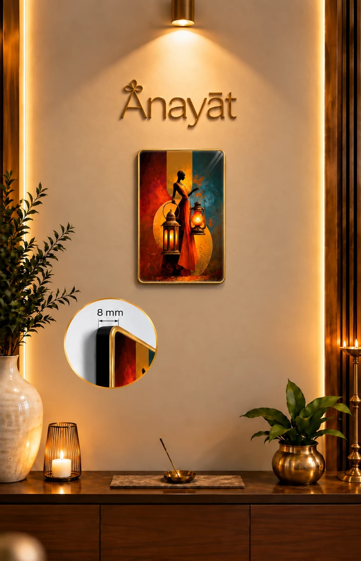 Anayat Wood Glass Finish Wall Art – Woman with Glowing Lanterns - Image 3