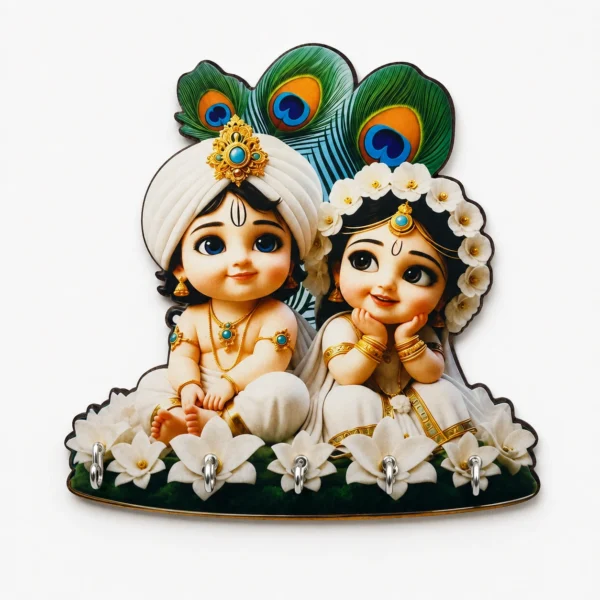 Anayat Baby Krishna Flute Round Arch Wooden Key Holder Wall Decor