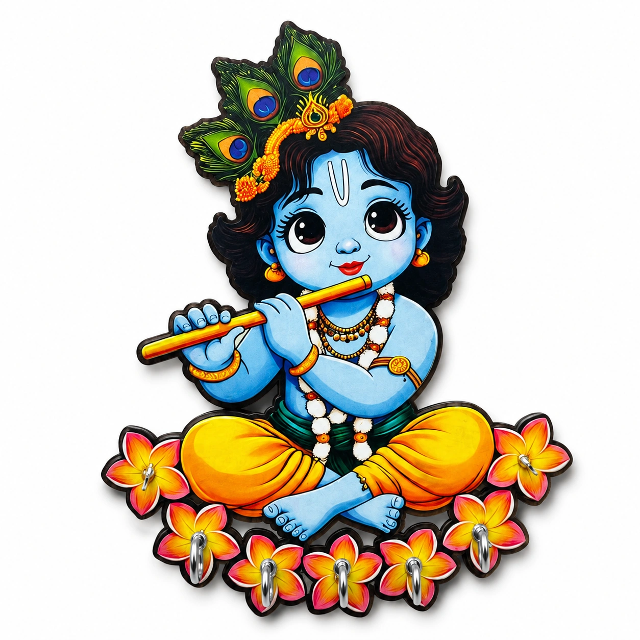 Anayat Baby Krishna Peacock Feather Circular Wooden Key Holder Wall Decor