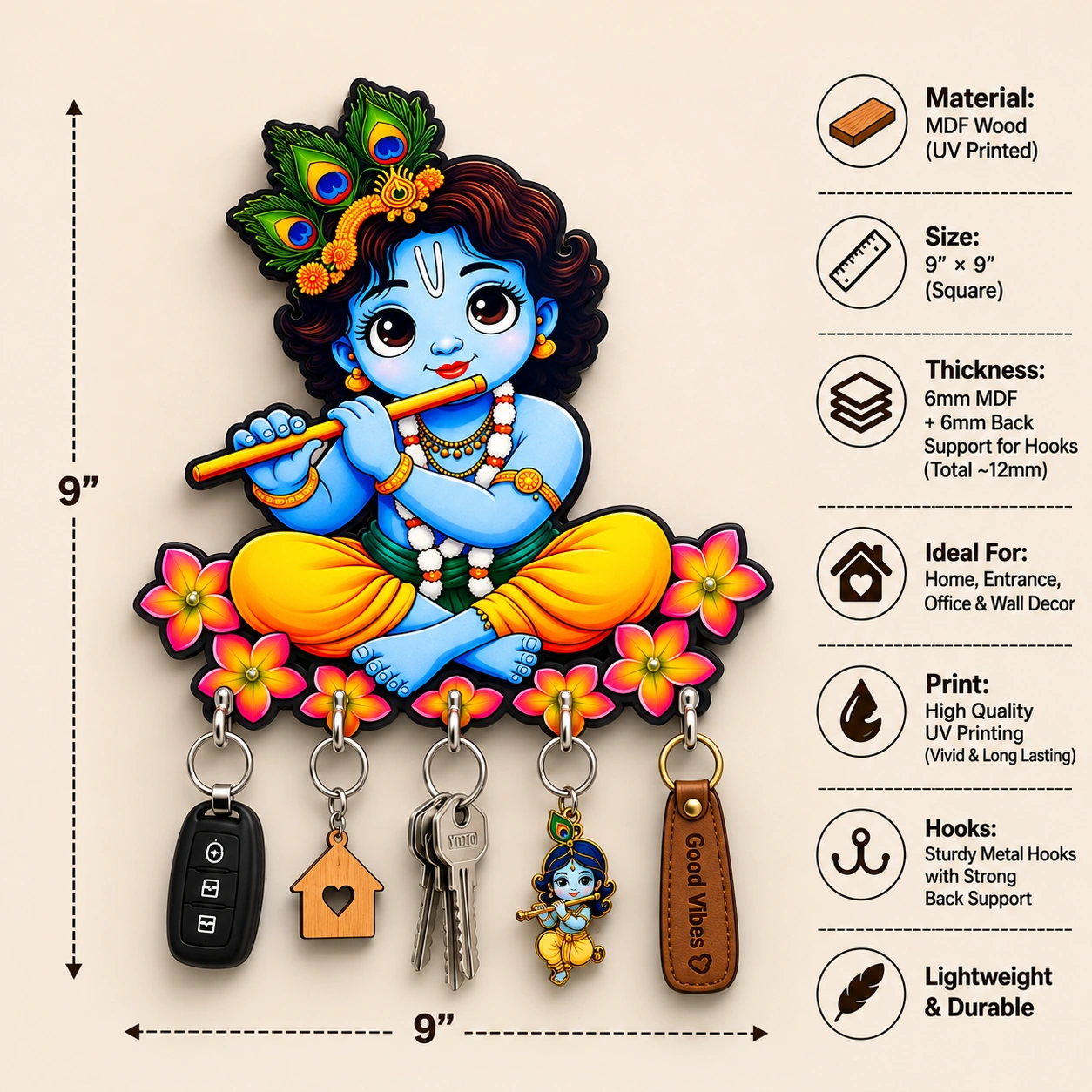 Anayat Baby Krishna Peacock Feather Circular Wooden Key Holder Wall Decor - Image 2