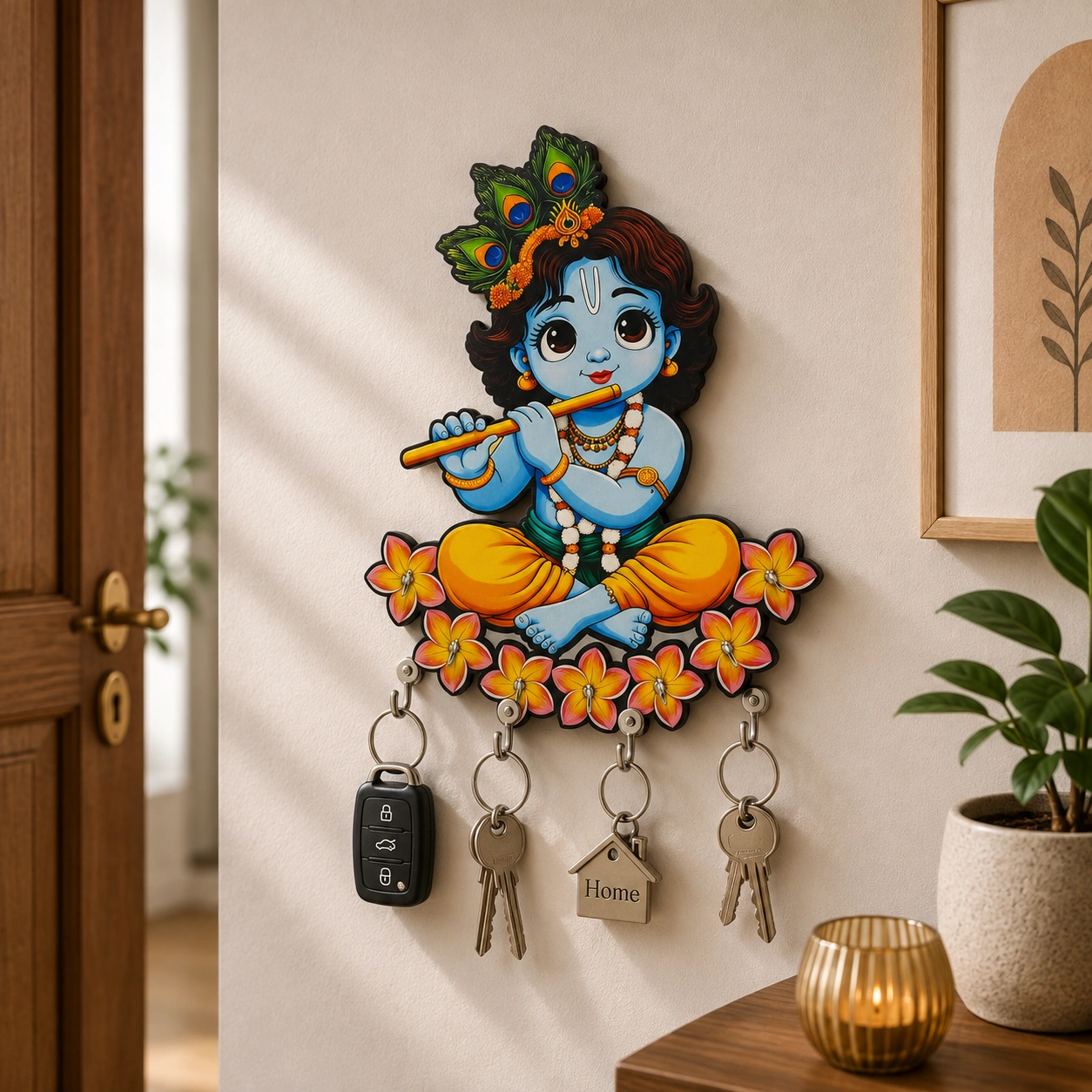 Anayat Baby Krishna Peacock Feather Circular Wooden Key Holder Wall Decor - Image 3