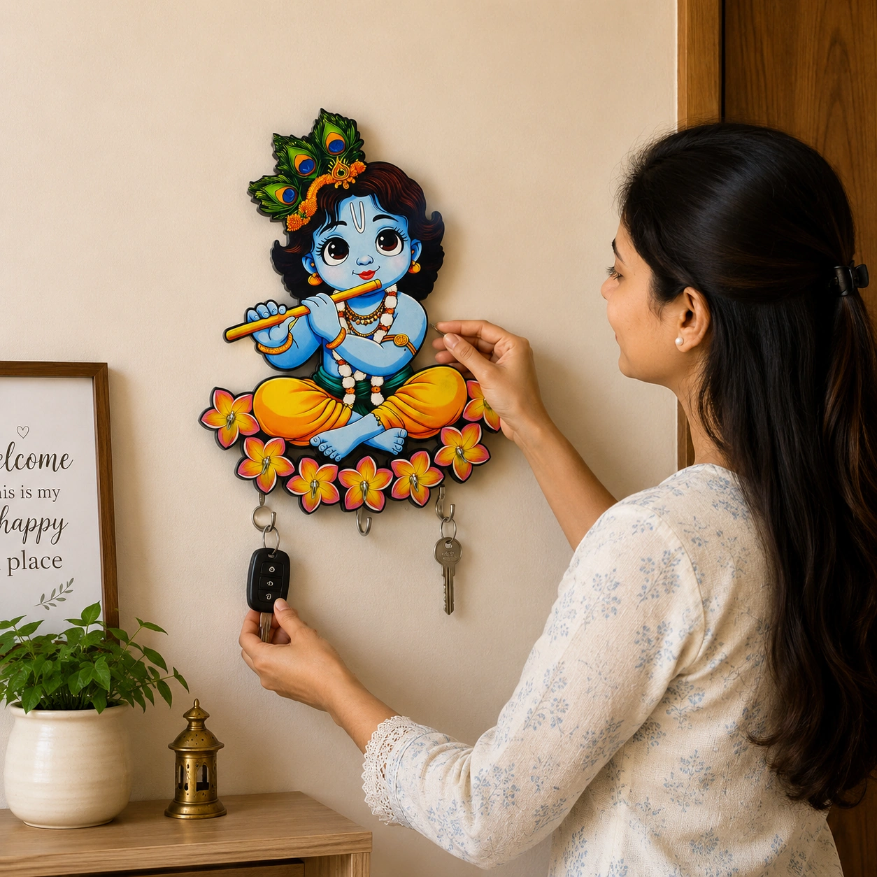 Anayat Baby Krishna Peacock Feather Circular Wooden Key Holder Wall Decor - Image 4