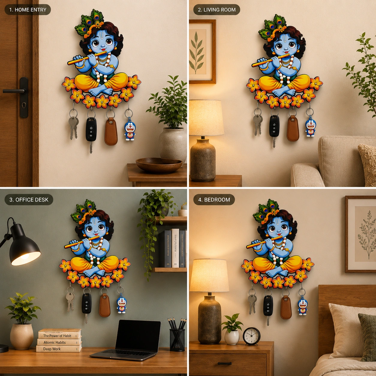 Anayat Baby Krishna Peacock Feather Circular Wooden Key Holder Wall Decor - Image 5