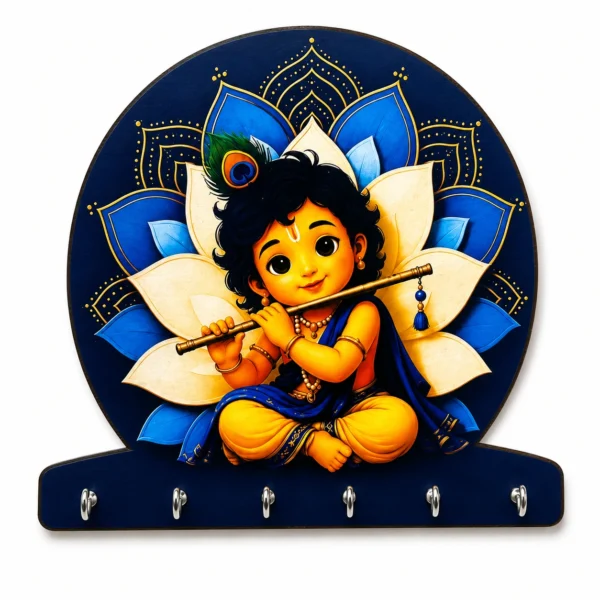 Anayat Baby Krishna Lotus Mandala Wooden Key Holder Wall Decor