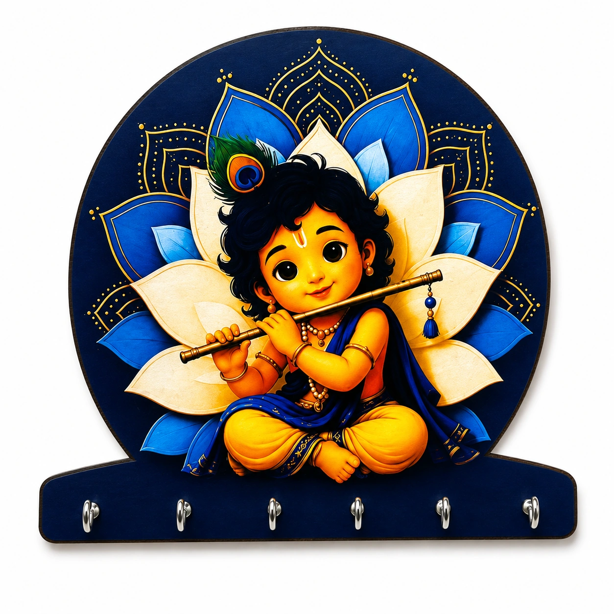 Anayat Baby Krishna Lotus Mandala Wooden Key Holder Wall Decor
