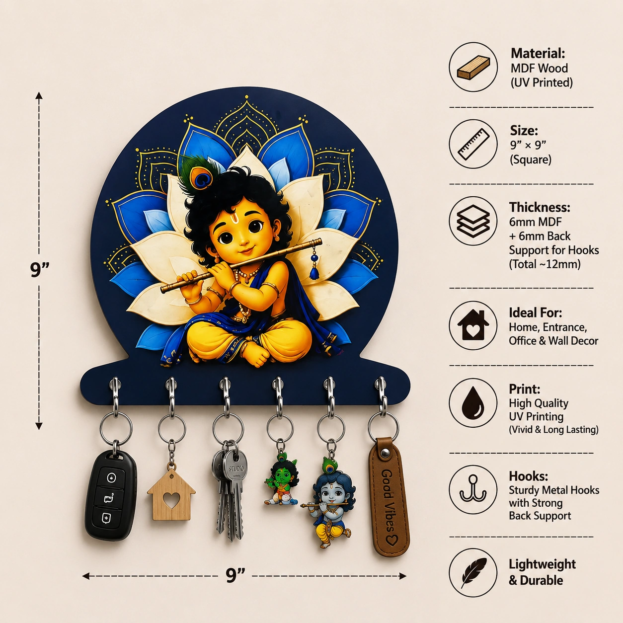 Anayat Baby Krishna Lotus Mandala Wooden Key Holder Wall Decor - Image 2