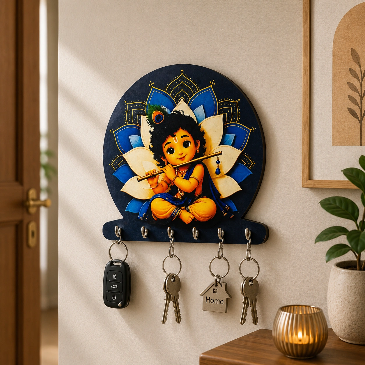 Anayat Baby Krishna Lotus Mandala Wooden Key Holder Wall Decor - Image 3
