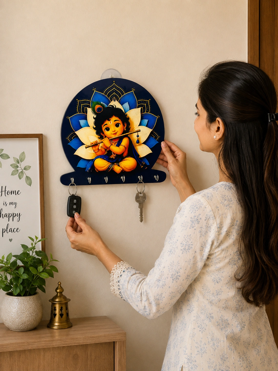 Anayat Baby Krishna Lotus Mandala Wooden Key Holder Wall Decor - Image 4