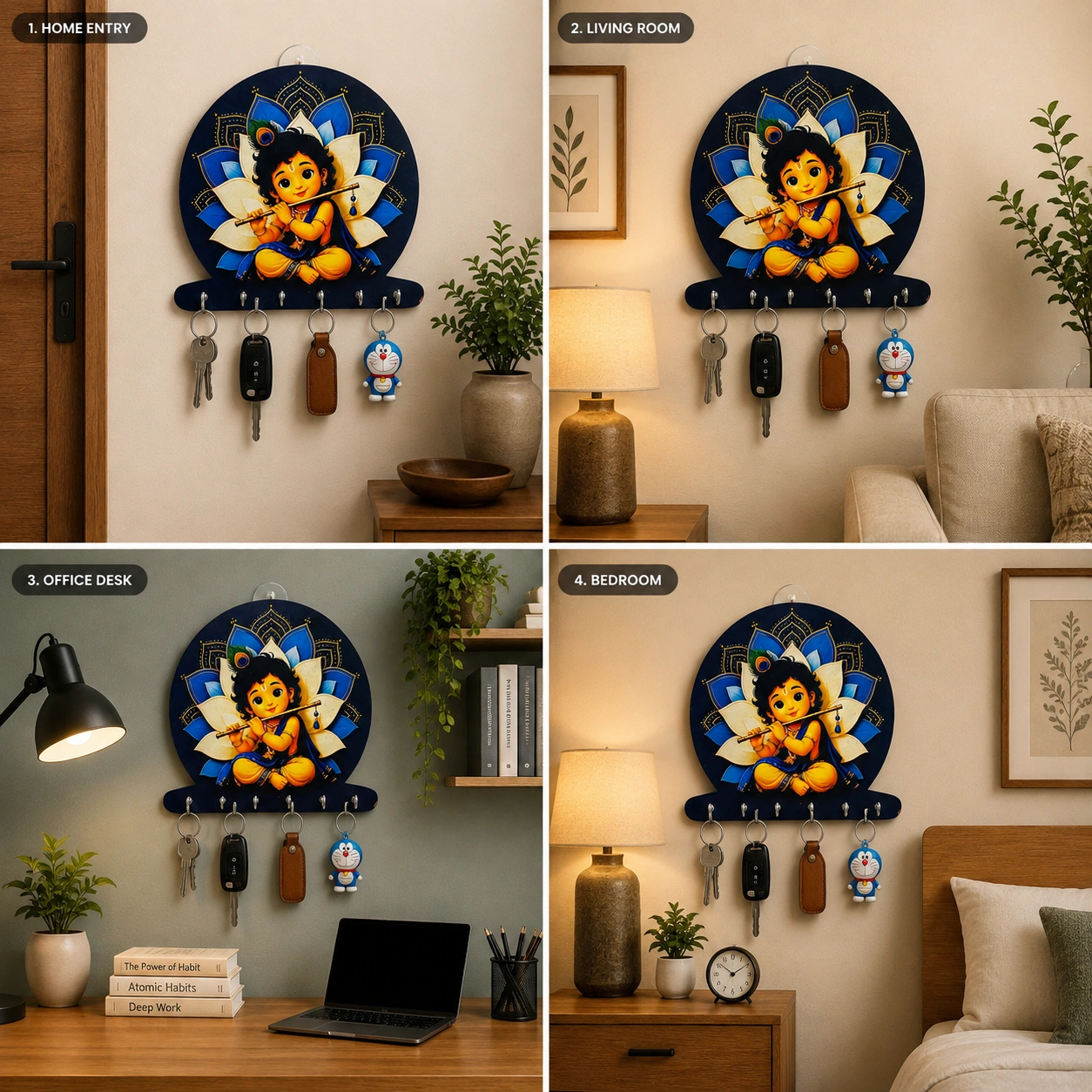 Anayat Baby Krishna Lotus Mandala Wooden Key Holder Wall Decor - Image 5