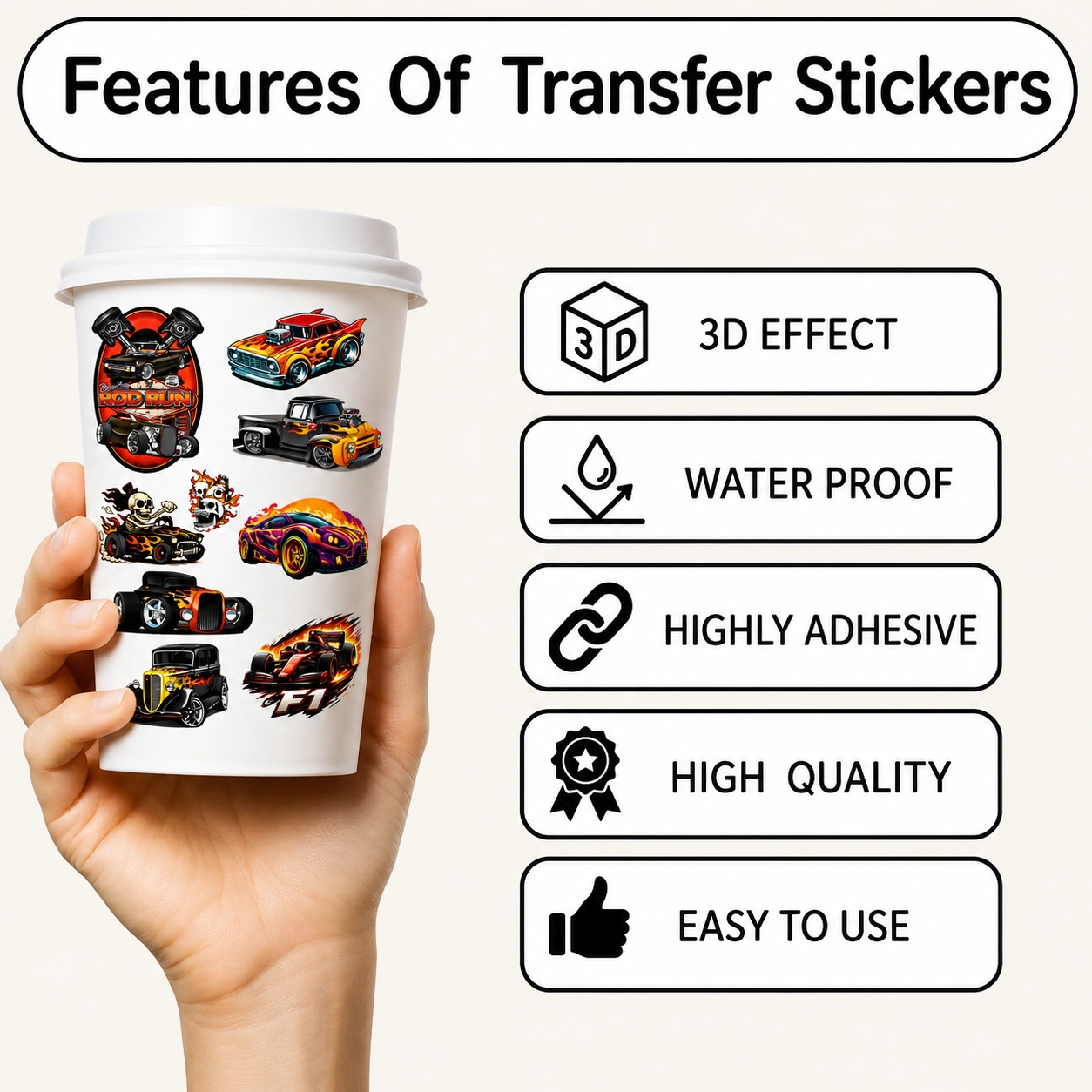 Anayat UV DTF Cup Wrap Transfer Stickers – 4 Sheets Hot Rod & Flame Racing Cars - Image 3