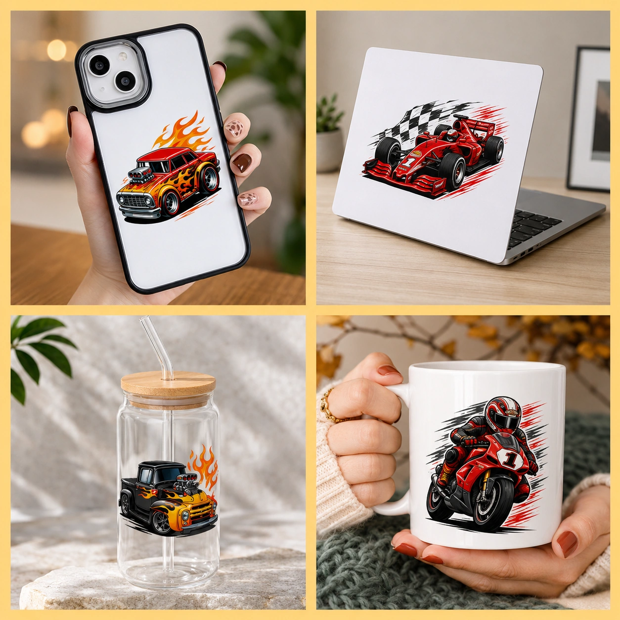 Anayat UV DTF Cup Wrap Transfer Stickers – 4 Sheets Hot Rod & Flame Racing Cars - Image 4