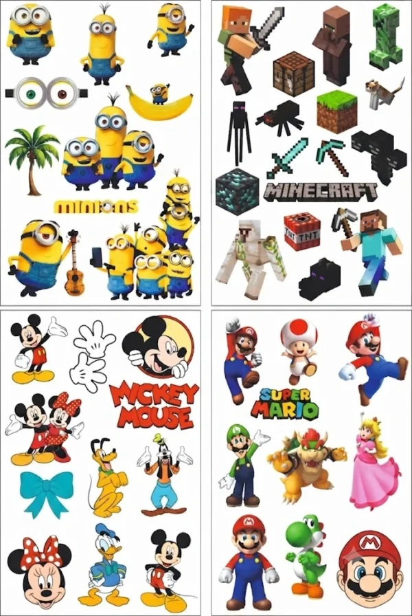 Anayat UV DTF Cup Wrap Transfer Stickers – 4 Sheets Cartoon, Gaming & Kids Characters